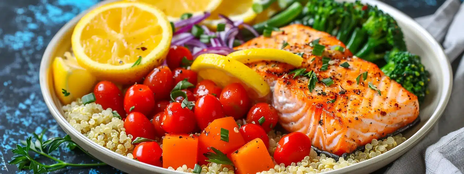 a colorful plate filled with omega-3 rich salmon, vibrant vegetables, and whole grain quinoa.