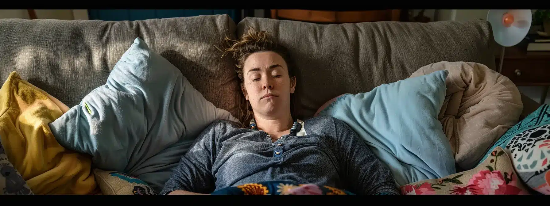 a woman slumped on a couch, with a weary expression and surrounded by scattered pillows, reflecting the chronic exhaustion of endometriosis-related fatigue. a woman slumped on a couch, with a weary expression and surrounded by scattered pillows, reflecting the chronic exhaustion of endometriosis-related fatigue.