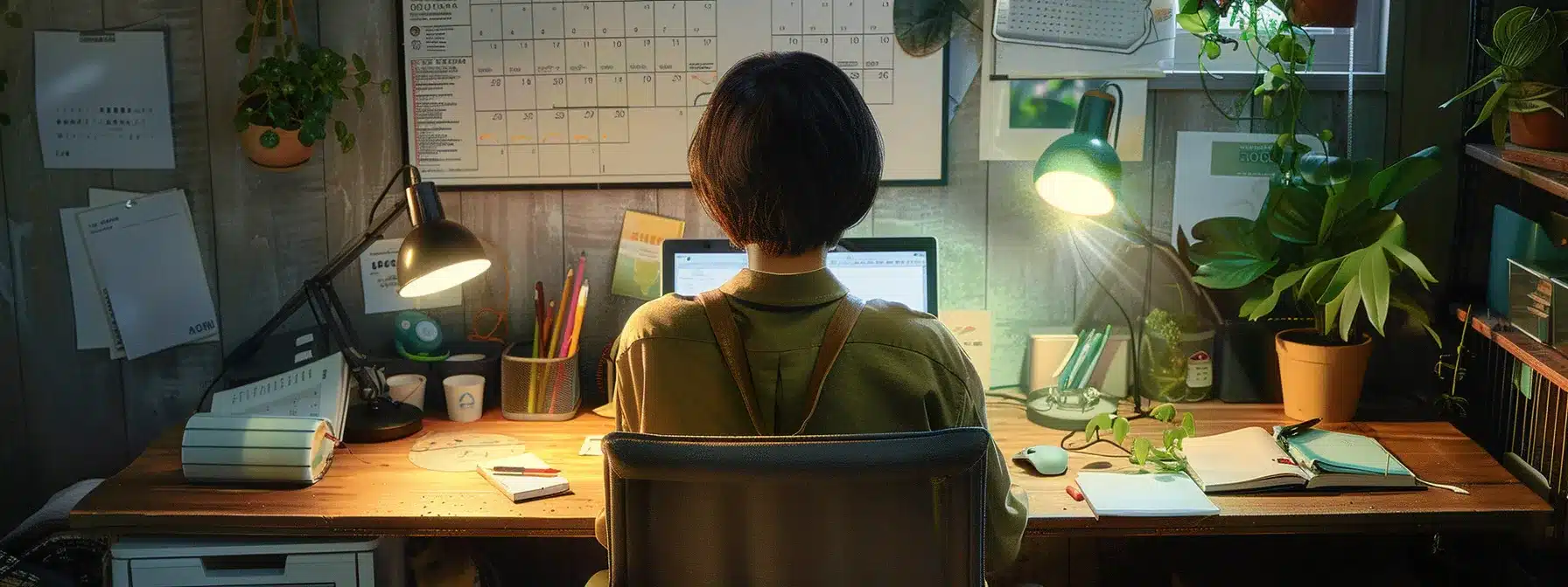 a focused woman sits at a tidy desk with a calendar and laptop, surrounded by ergonomic tools and a visible sense of organization. a focused woman sits at a tidy desk with a calendar and laptop, surrounded by ergonomic tools and a visible sense of organization.