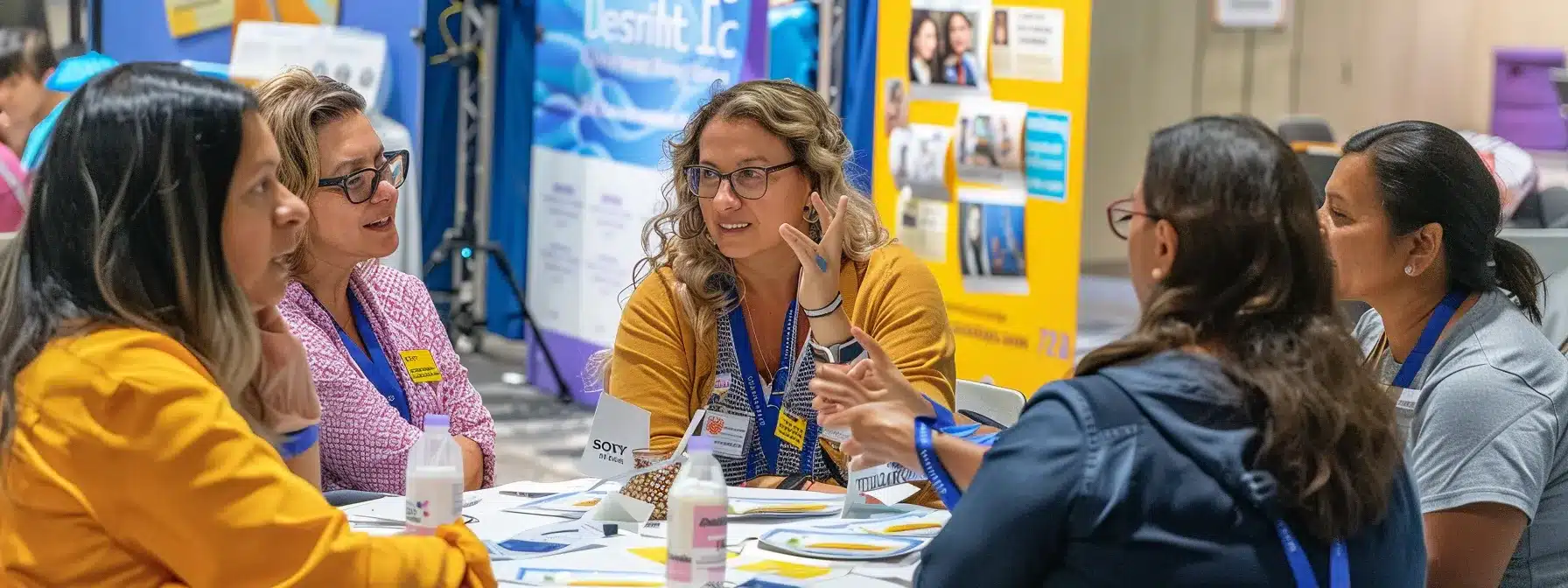 a group of professionals with endometriosis gathered around a table, sharing experiences and resources, surrounded by empowering posters and educational materials. endometriosis