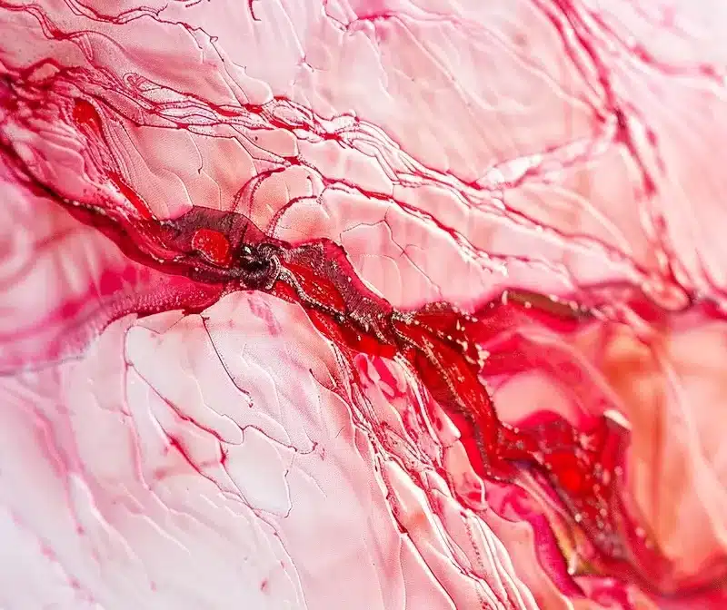 vibrant red blood mingling with white tissue on a medical slide, hinting at a potential endometriosis diagnosis.