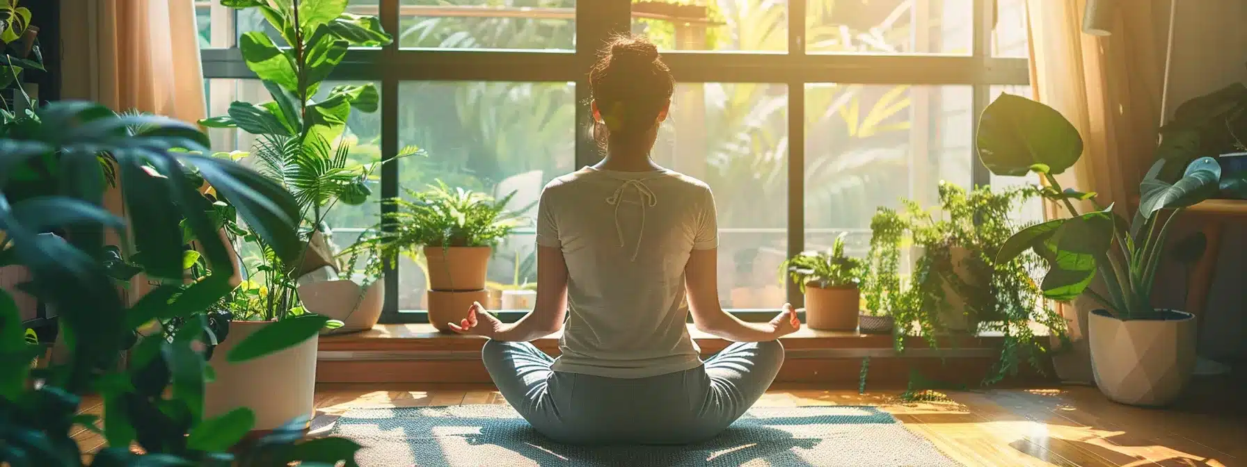a woman peacefully meditating in a sunlit office surrounded by plants and calming decor while managing endometriosis. a woman peacefully meditating in a sunlit office surrounded by plants and calming decor while managing endometriosis.