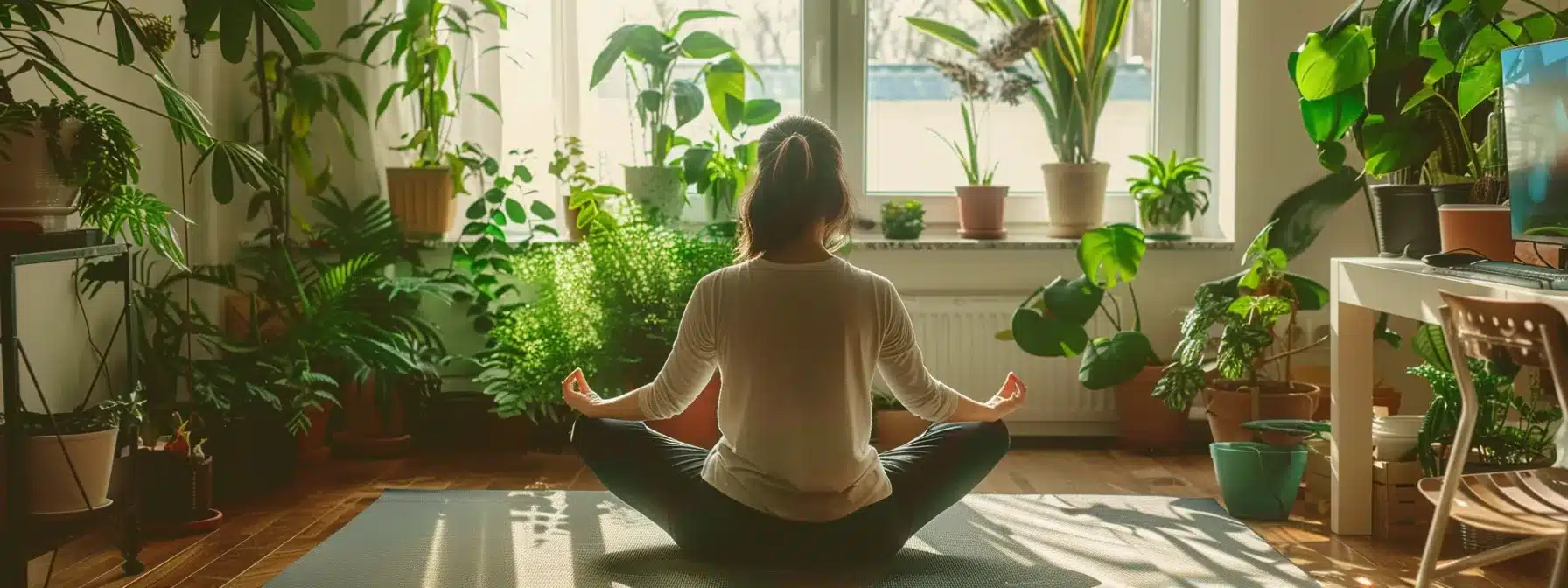 a woman practicing yoga in her office, surrounded by calming green plants and a serene workspace, emphasizing the importance of managing endometriosis symptoms at work.