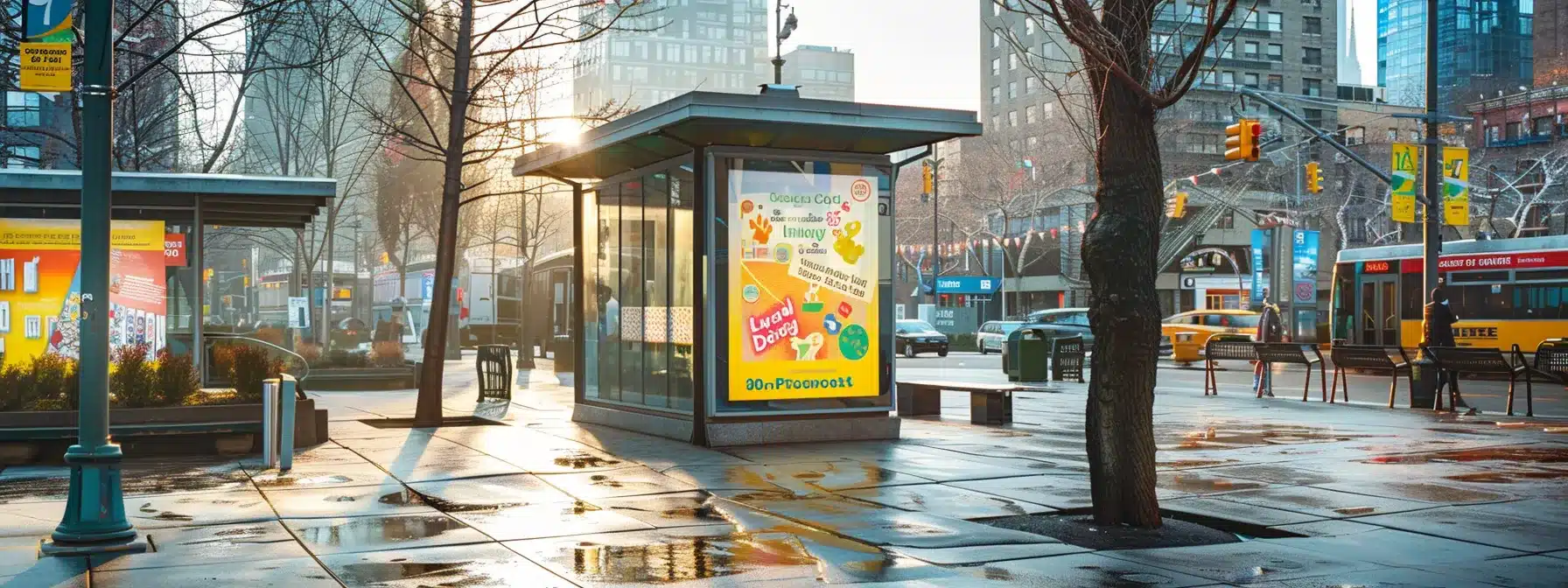 an informative endometriosis awareness campaign poster featuring vibrant colors and educational graphics displayed in a bustling city square.