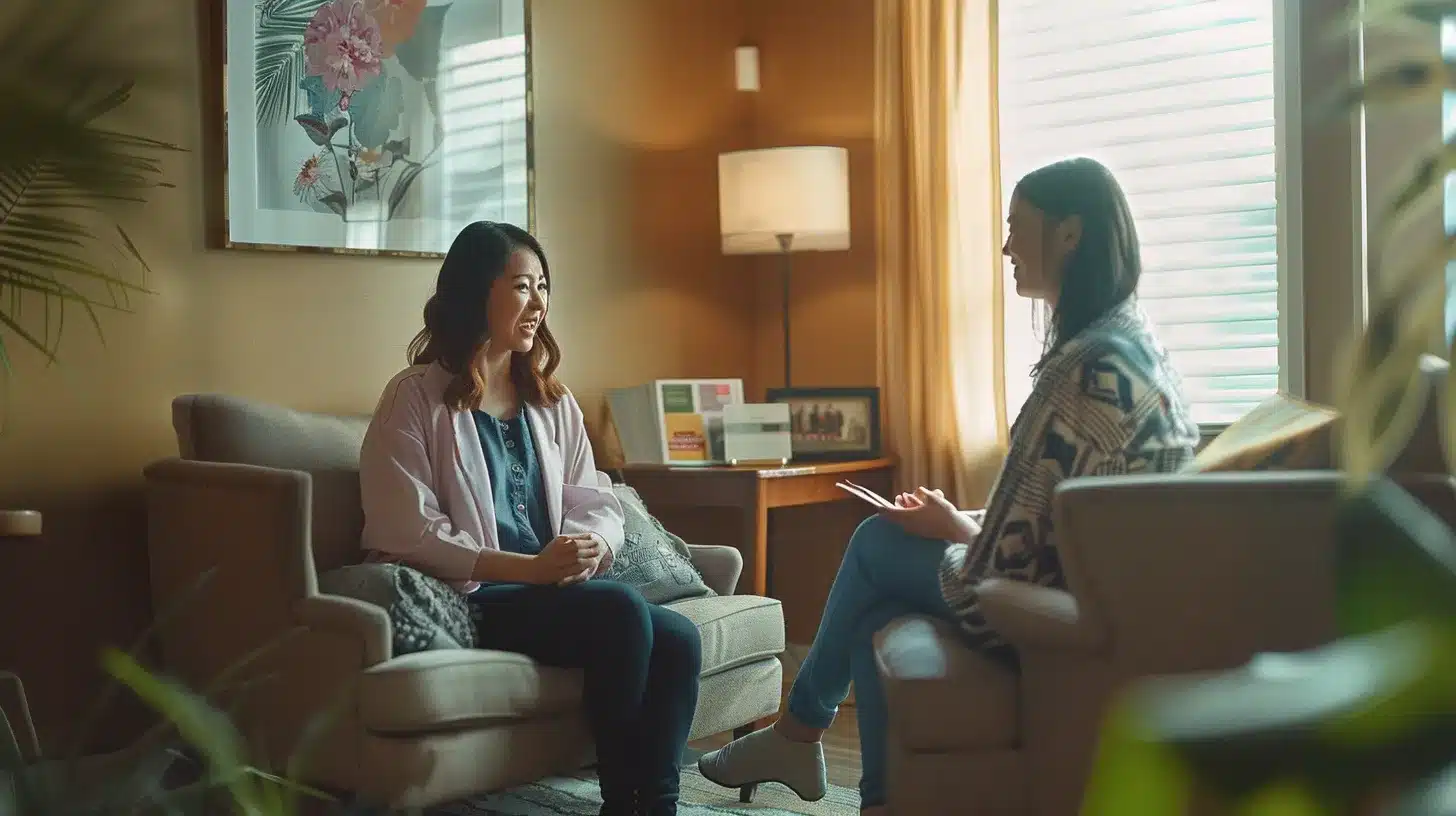 a compassionate healthcare professional engages with a patient in a warm, inviting consultation room, surrounded by informative brochures and a comforting ambiance, symbolizing the essential support and specialized care for managing endometriosis.