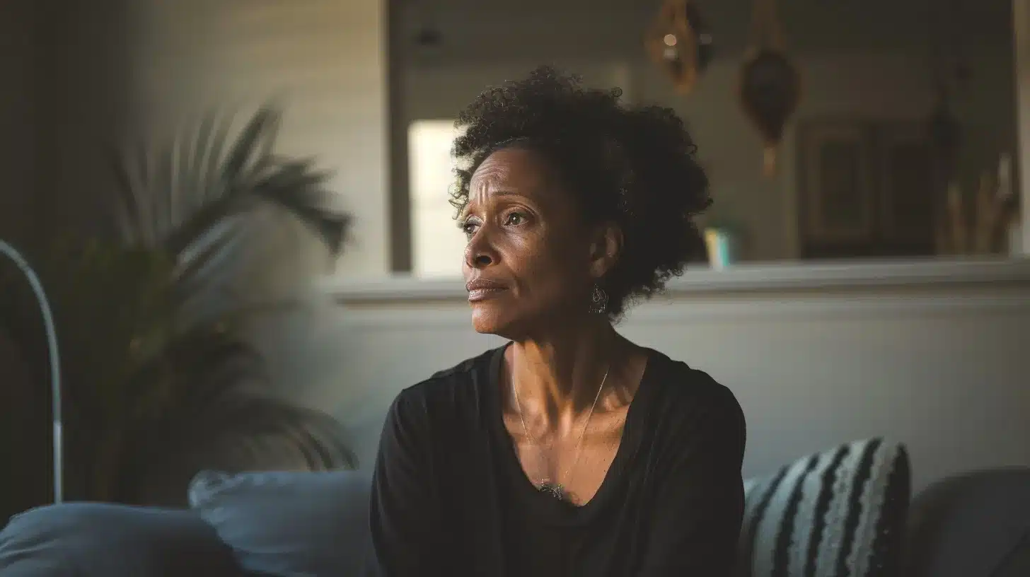 a poignant portrait capturing a woman seated in a softly lit room, her expression a blend of introspection and resilience, symbolizing the emotional and psychological journey of living with endometriosis during the menstrual cycle.