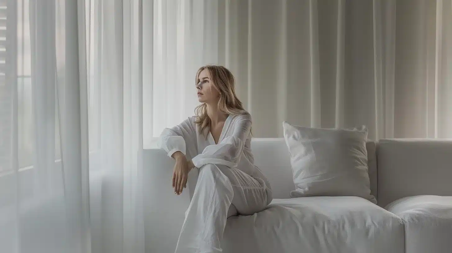 a powerful, evocative image of a woman seated on a soft, muted-toned sofa, enveloped in a serene yet pensive atmosphere, reflecting the struggles of chronic pelvic pain and the emotional weight of endometriosis.