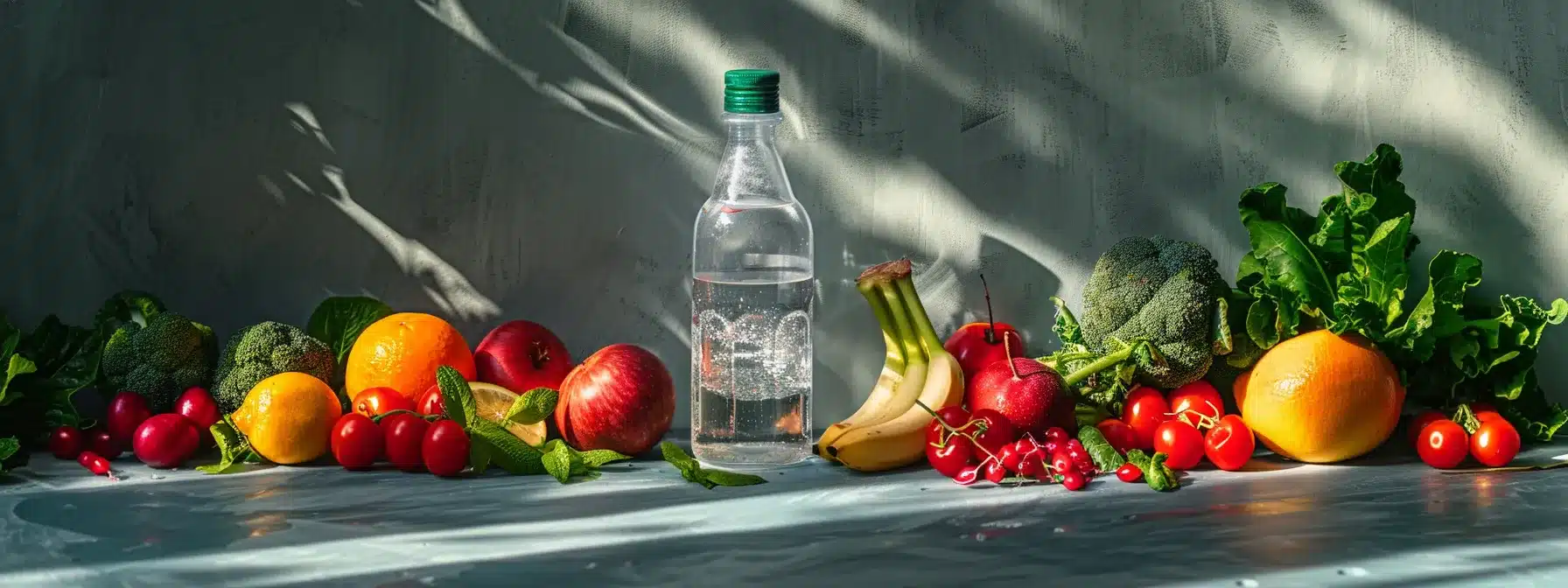 a refreshing scene of vibrant fruits and vegetables arranged artistically around a water bottle, highlighting the essence of hydration and vitality crucial for chronic pain management, illuminated by soft, natural light. - Rachael Haverland Site a refreshing scene of vibrant fruits and vegetables arranged artistically around a water bottle, highlighting the essence of hydration and vitality crucial for chronic pain management, illuminated by soft, natural light.