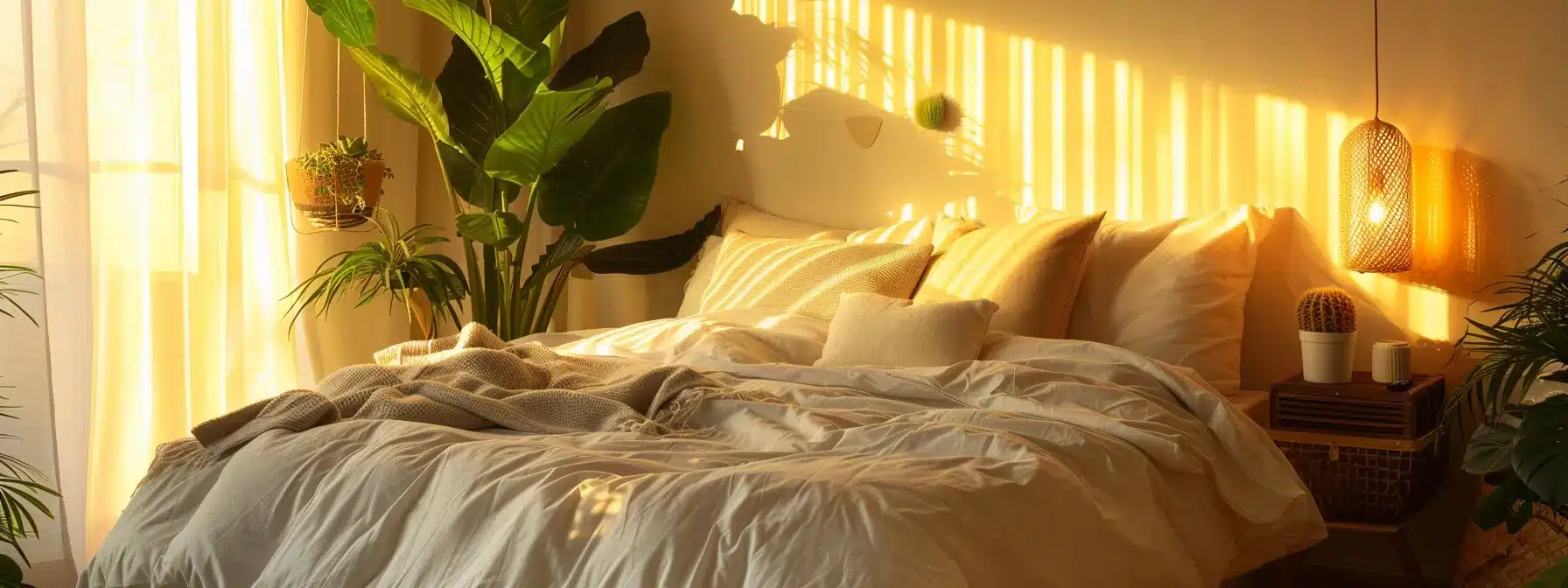 a serene bedroom bathed in soft, warm light, featuring a neatly made bed with cozy pillows, surrounded by calming elements like houseplants and dimmed lamps, symbolizing the essence of restful sleep hygiene practices essential for overall well-being. - Rachael Haverland Site a serene bedroom bathed in soft, warm light, featuring a neatly made bed with cozy pillows, surrounded by calming elements like houseplants and dimmed lamps, symbolizing the essence of restful sleep hygiene practices essential for overall well-being.