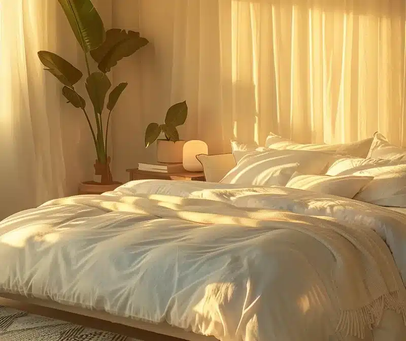 a serene bedroom bathed in soft, warm light, featuring a neatly made bed with plush white linens, surrounded by calming plants, evoking a sense of tranquility that symbolizes the benefits of sleep hygiene in easing endometriosis symptoms.