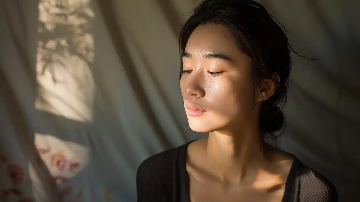 a serene, introspective portrait of a woman in a softly lit room, embodying the emotional weight of fatigue and anxiety, with subtle hints of resilience and strength reflected in her expression.