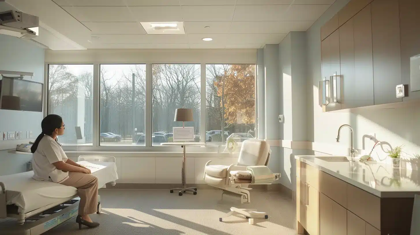 a serene medical consultation room, bathed in soft, natural light, featuring a focused female doctor engaging with a patient, symbolizing the critical importance of accurate diagnosis in understanding endometriosis.