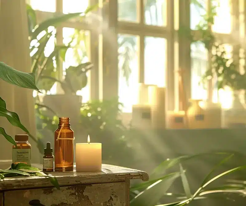 a serene, softly lit room filled with lush greenery, delicate essential oil bottles, and calming candles, creating a tranquil atmosphere that embodies the soothing essence of aromatherapy for stress relief.