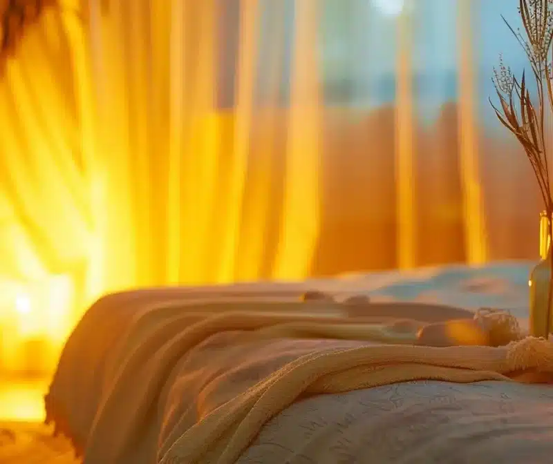 a serene, softly lit therapy room with a tranquil atmosphere showcasing a comfortable reflexology treatment setup, emphasizing holistic healing for endometriosis symptoms.