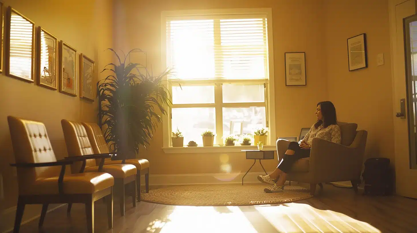 a serene, warm-lit doctor's office with a female patient thoughtfully discussing her endometriosis symptoms with a compassionate physician, conveying a sense of trust and proactive health management.