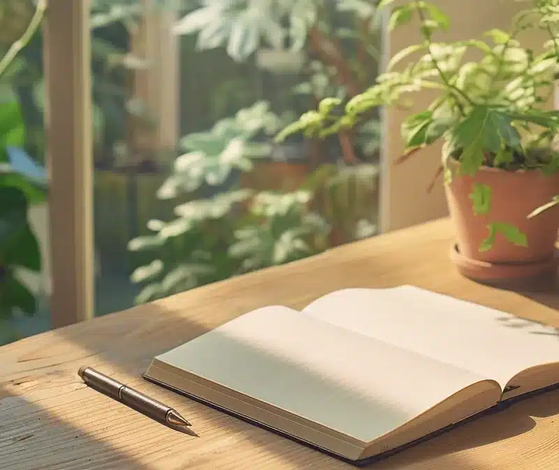 a serene workspace filled with soft natural light, featuring a beautifully textured journal open on a wooden desk, surrounded by delicate plants, symbolizing the therapeutic journey of journaling for mental health in endometriosis patients.