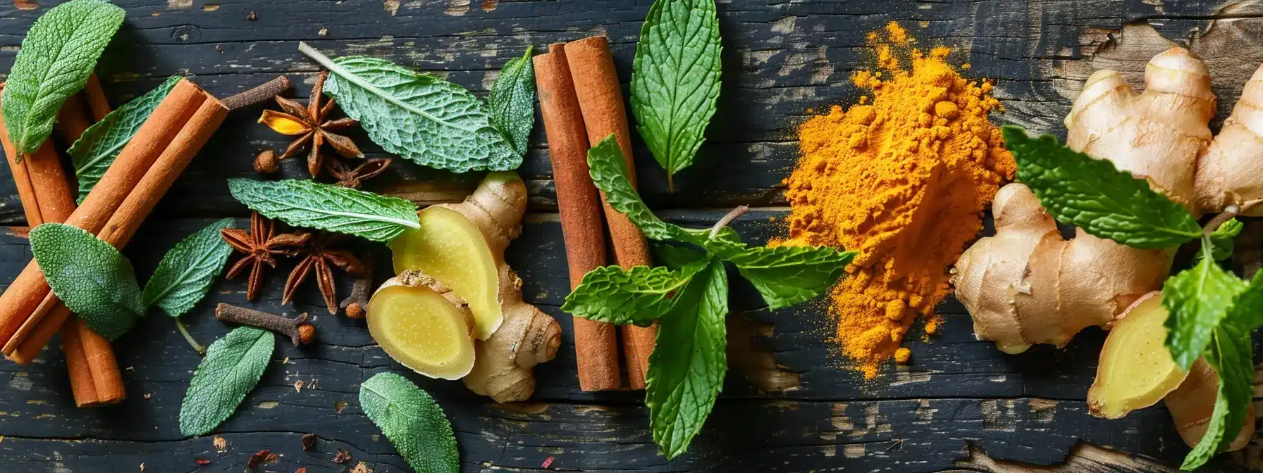a vibrant arrangement of fresh ginger, turmeric, cinnamon sticks, and peppermint leaves artfully displayed on a wooden surface, bathed in soft, natural lighting to highlight their rich colors and textures, symbolizing the power of herbal remedies for managing endometriosis. - Rachael Haverland Site a vibrant arrangement of fresh ginger, turmeric, cinnamon sticks, and peppermint leaves artfully displayed on a wooden surface, bathed in soft, natural lighting to highlight their rich colors and textures, symbolizing the power of herbal remedies for managing endometriosis.