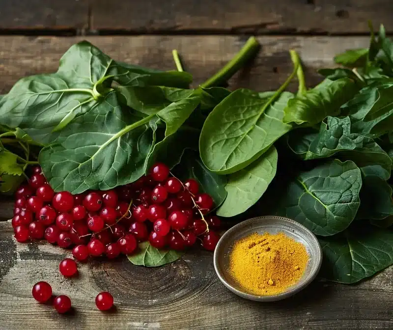 Fresh leafy greens, red berries, and turmeric powder known for their anti-inflammatory properties to help reduce endometriosis discomfort.