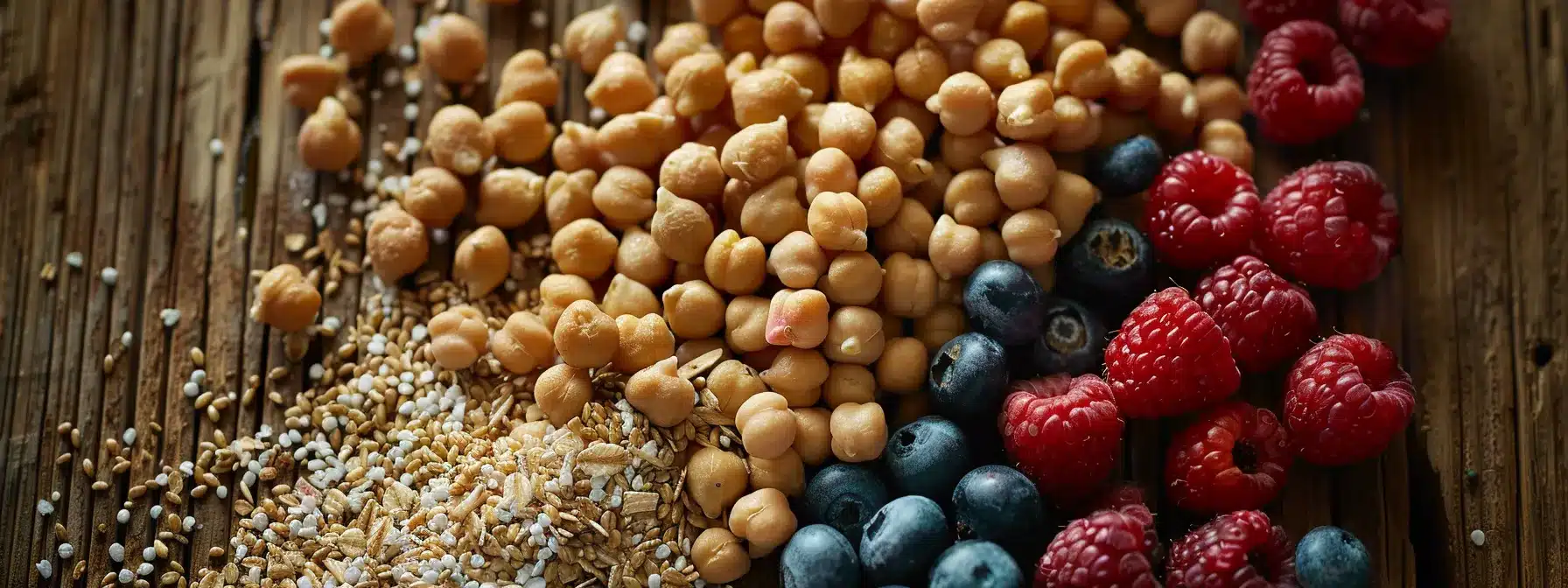 a vibrant, close-up shot of a colorful, array of healthy foods like chickpeas, berries, and whole grains arranged artistically on a rustic wooden table, symbolizing the nourishing power of diet in managing endometriosis and promoting wellness. - Rachael Haverland Site a vibrant, close-up shot of a colorful, array of healthy foods like chickpeas, berries, and whole grains arranged artistically on a rustic wooden table, symbolizing the nourishing power of diet in managing endometriosis and promoting wellness.