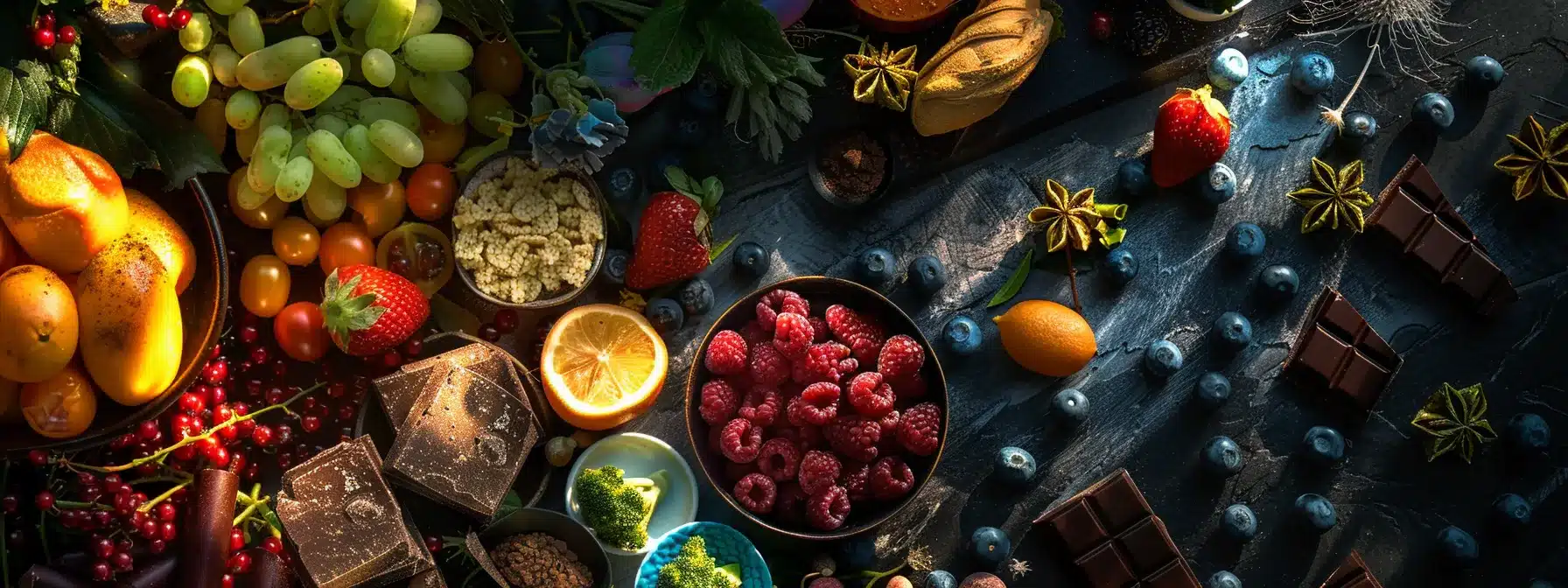 Tabletop arrangement featuring a colorful assortment of nutritious foods and dark chocolate, symbolizing a personalized endometriosis diet plan. - Rachael Haverland Site Tabletop arrangement featuring a colorful assortment of nutritious foods and dark chocolate, symbolizing a personalized endometriosis diet plan.