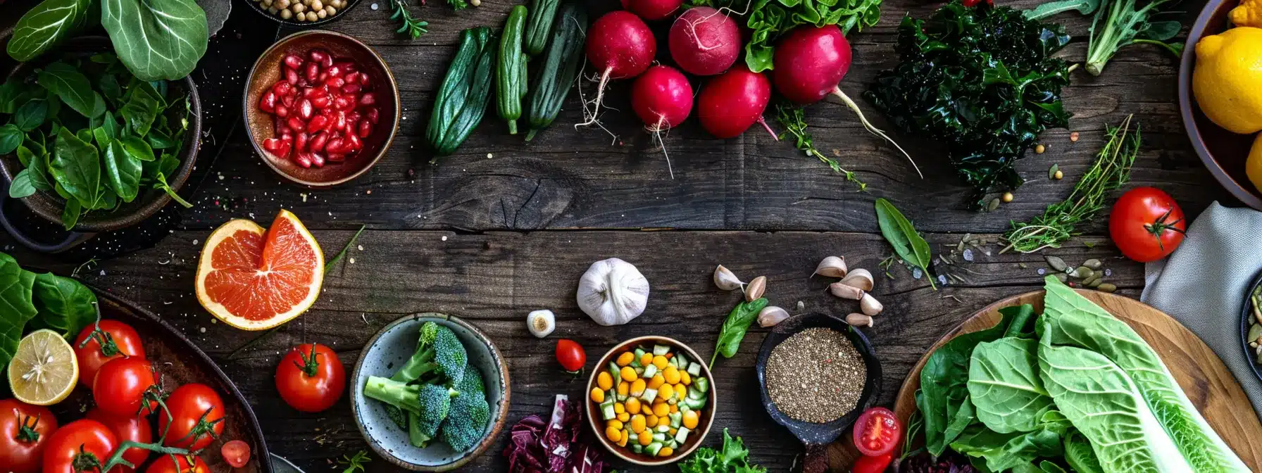 a vibrant arrangement of colorful, fresh plant-based foods such as leafy greens, seaweed, and herbal ingredients is beautifully displayed on a wooden table, symbolizing holistic well-being and relief from endometriosis. - Rachael Haverland Site a vibrant arrangement of colorful, fresh plant-based foods such as leafy greens, seaweed, and herbal ingredients is beautifully displayed on a wooden table, symbolizing holistic well-being and relief from endometriosis.