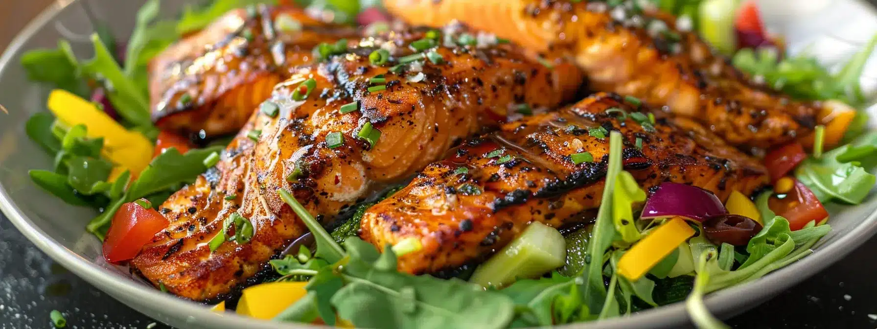 a vibrant, close-up shot of fresh salmon fillets garnished with leafy greens and colorful vegetables, elegantly arranged to highlight the rich, inviting textures and hues, symbolizing the health benefits of omega-3 fatty acids.