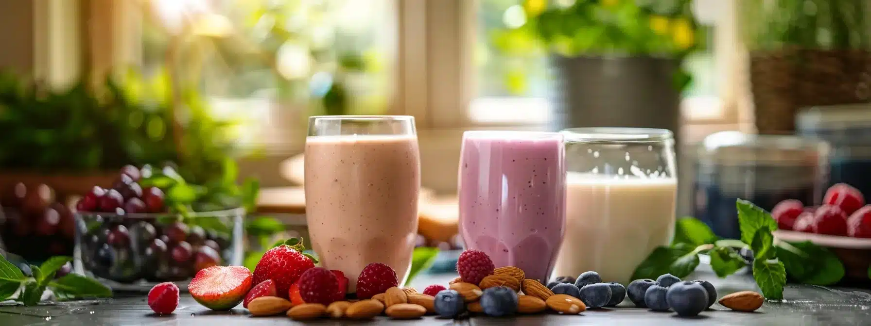 a vibrant, fresh display of colorful plant-based dairy alternatives, including almond milk and coconut yogurt, set against a serene kitchen backdrop, encapsulating the essence of health and wellness in managing endometriosis symptoms.