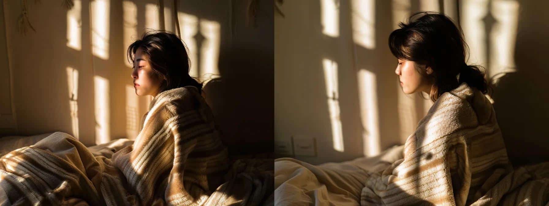 a dimly lit bedroom envelops a woman in a cozy blanket, her expression contemplative as soft shadows play across the walls, symbolizing the struggles of sleep disruption and heightened pain from endometriosis. - Rachael Haverland Site a dimly lit bedroom envelops a woman in a cozy blanket, her expression contemplative as soft shadows play across the walls, symbolizing the struggles of sleep disruption and heightened pain from endometriosis.