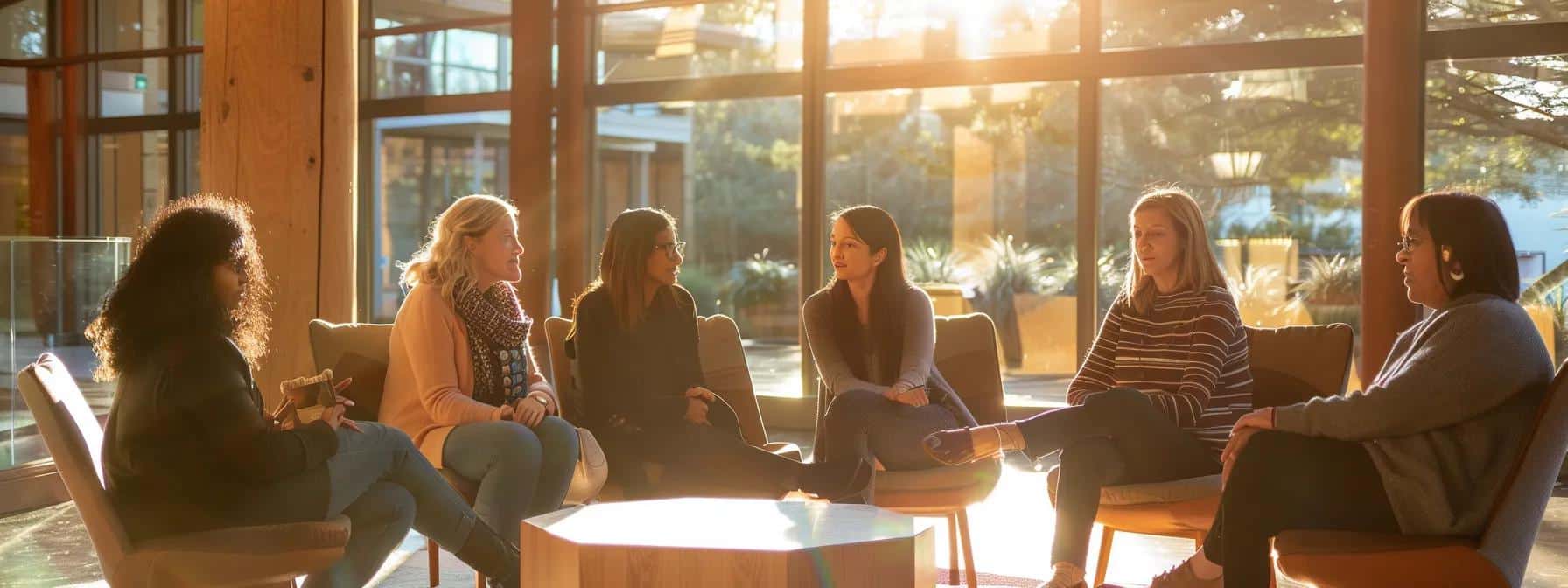 a diverse group of women in a modern, sunlit community center engage in heartfelt conversation, surrounded by comfortable seating and supportive imagery, reflecting how joining a support group fosters emotional resilience for those coping with endometriosis.