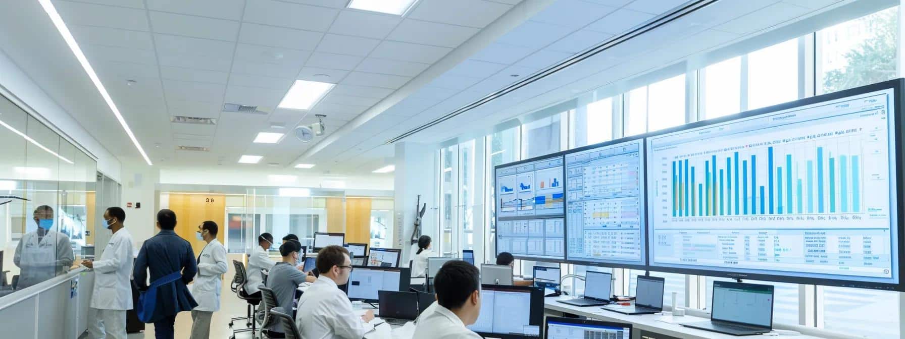 a modern clinical research office, illuminated by bright overhead lights, features a large interactive whiteboard displaying charts and metrics, including vas scores and ehp-30 data, with researchers intently analyzing results on sleek laptops. - Rachael Haverland Site a modern clinical research office, illuminated by bright overhead lights, features a large interactive whiteboard displaying charts and metrics, including vas scores and ehp-30 data, with researchers intently analyzing results on sleek laptops.