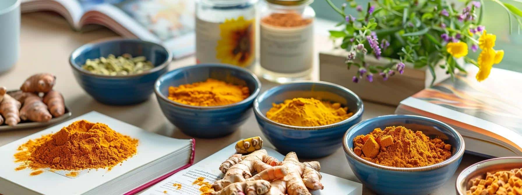 a modern, inviting office space features a neatly arranged table with vibrant bowls of turmeric, ginger, chamomile, and cinnamon surrounded by open herbal remedy books, emphasizing the holistic approach to managing endometriosis. - Rachael Haverland Site a modern, inviting office space features a neatly arranged table with vibrant bowls of turmeric, ginger, chamomile, and cinnamon surrounded by open herbal remedy books, emphasizing the holistic approach to managing endometriosis.