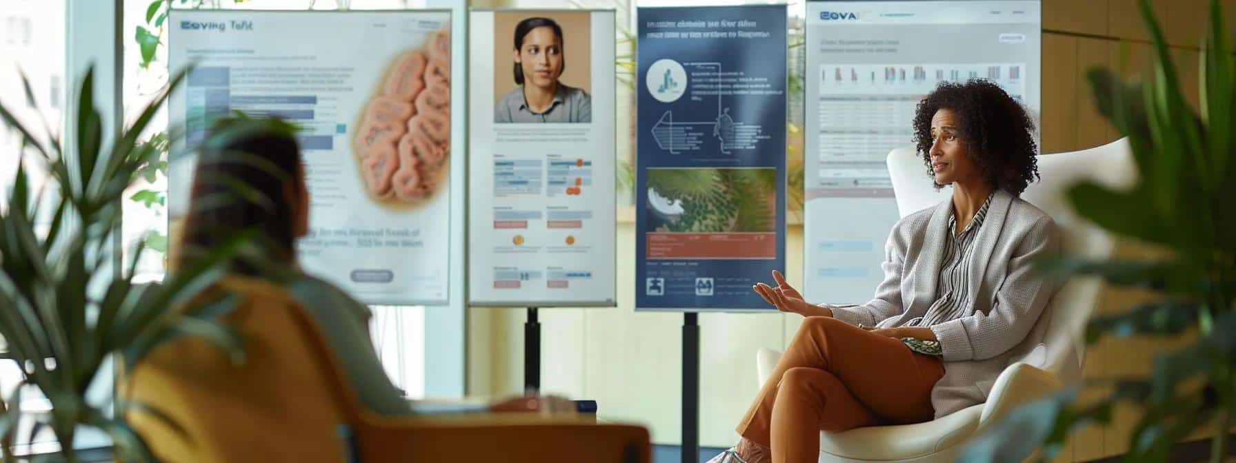 a modern medical office setting features a confident female healthcare professional discussing hormonal treatment options for endometriosis with a patient, surrounded by informative posters and digital screens illustrating the therapy methodologies. - Rachael Haverland Site a modern medical office setting features a confident female healthcare professional discussing hormonal treatment options for endometriosis with a patient, surrounded by informative posters and digital screens illustrating the therapy methodologies.