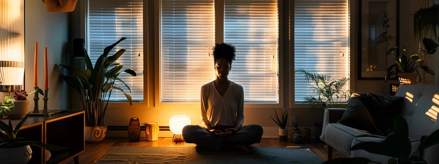 a serene and modern home office setting, showcasing a woman engaging in mindfulness meditation with a tranquil expression, surrounded by soft lighting and minimalist decor, symbolizing the empowering integration of mindfulness practices into daily life for managing endometriosis. - Rachael Haverland Site a serene and modern home office setting, showcasing a woman engaging in mindfulness meditation with a tranquil expression, surrounded by soft lighting and minimalist decor, symbolizing the empowering integration of mindfulness practices into daily life for managing endometriosis.