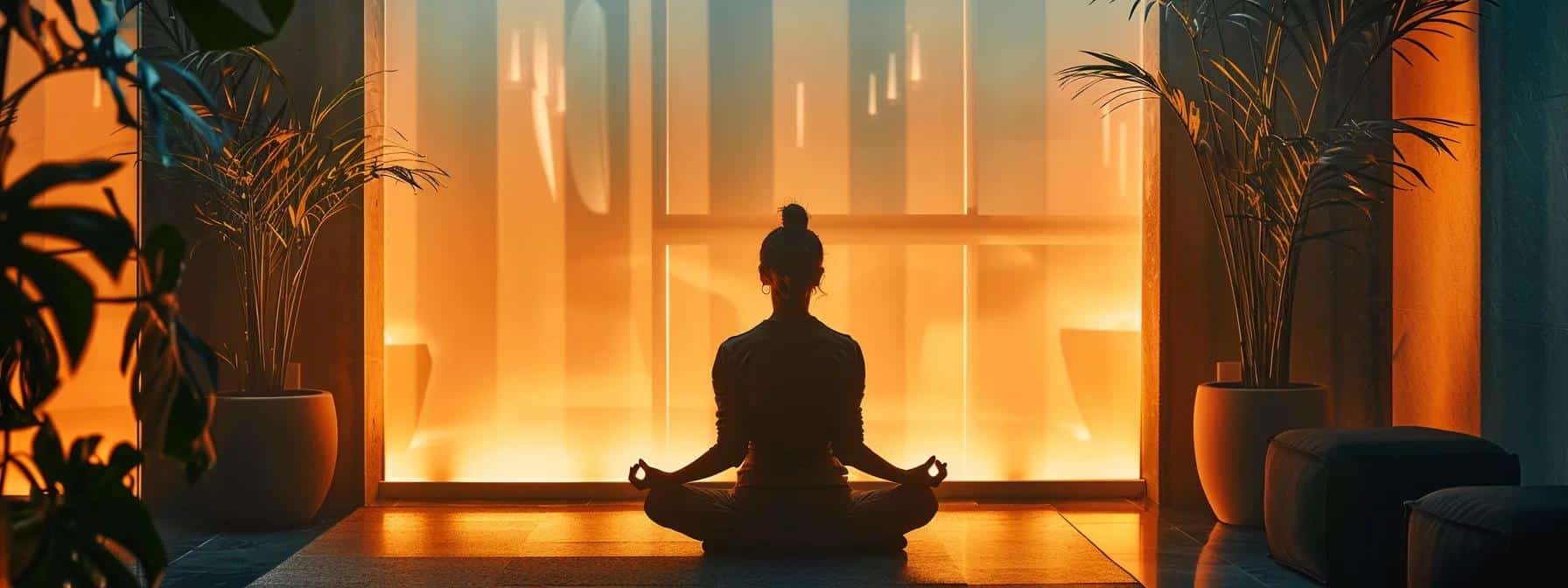 a serene office setting with a person sitting in meditation, surrounded by softly lit ambient rays, symbolizing the calming effects of mindfulness on chronic pain relief, specifically endometriosis. - Rachael Haverland Site a serene office setting with a person sitting in meditation, surrounded by softly lit ambient rays, symbolizing the calming effects of mindfulness on chronic pain relief, specifically endometriosis.