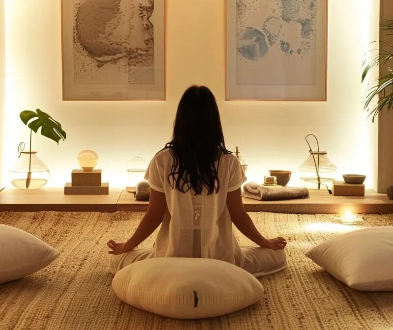 a serene wellness studio, featuring a calming space with soft lighting, where a woman practices mindfulness techniques surrounded by soothing elements like aromatic essential oils and herbal remedies, embodying the essence of natural pain relief for endometriosis.