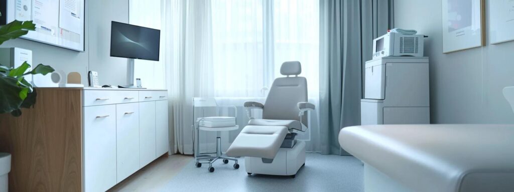 an elegant, contemporary medical office setting features a soothing, minimalist design with a prominently displayed advanced non-invasive therapy device, symbolizing hope and relief for individuals seeking endometriosis pain management solutions.