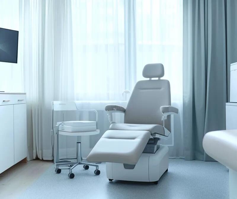 an elegant, contemporary medical office setting features a soothing, minimalist design with a prominently displayed advanced non-invasive therapy device, symbolizing hope and relief for individuals seeking endometriosis pain management solutions.