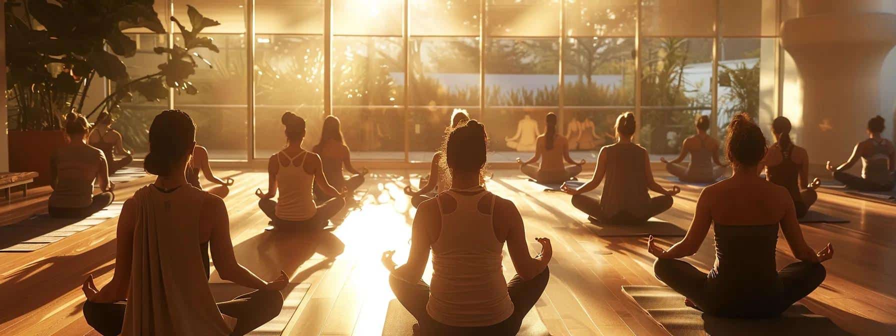 a serene indoor yoga studio, softly illuminated by warm lighting, features a diverse group of individuals engaged in restorative yoga poses, embodying tranquility and the therapeutic effects of yoga on pain relief in a calm and supportive atmosphere.