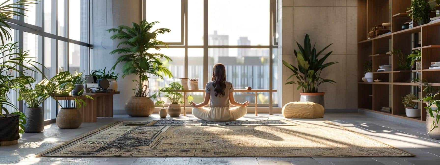 a serene, modern office space features a woman meditating on a plush rug, surrounded by calming decor, exuding an atmosphere of tranquility and empowerment that embodies the benefits of mindfulness for women's well-being in managing endometriosis. - Rachael Haverland Site a serene, modern office space features a woman meditating on a plush rug, surrounded by calming decor, exuding an atmosphere of tranquility and empowerment that embodies the benefits of mindfulness for women's well-being in managing endometriosis.
