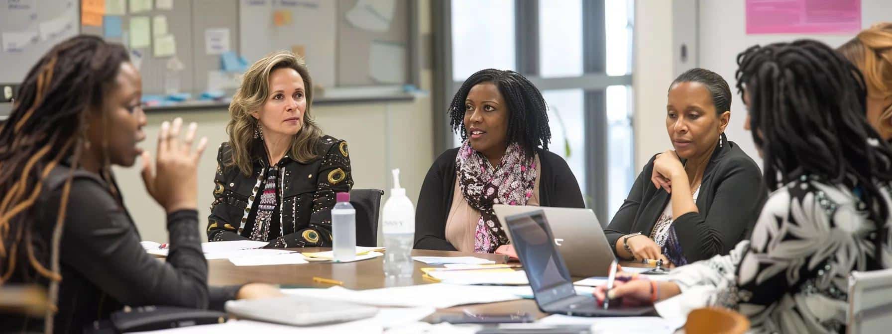 a vibrant, modern support group meeting in an urban office space, where diverse women engage in heartfelt conversation, surrounded by supportive visuals like resource materials and laptops, symbolizing the strength and connection of endometriosis support networks.