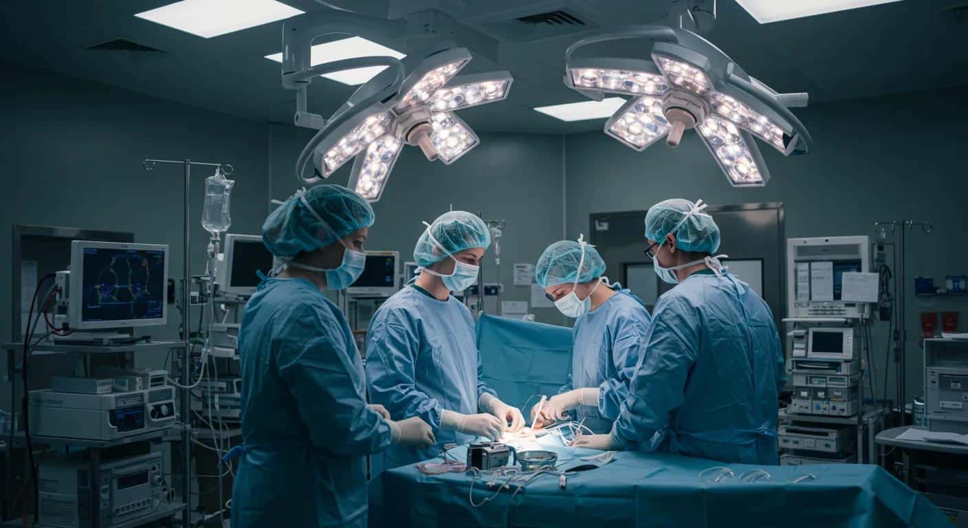 a stark, high-contrast operating room filled with advanced surgical equipment and bright, sterile lights, showcasing the serious atmosphere surrounding endometriosis surgery as surgeons prepare for a complex procedure.