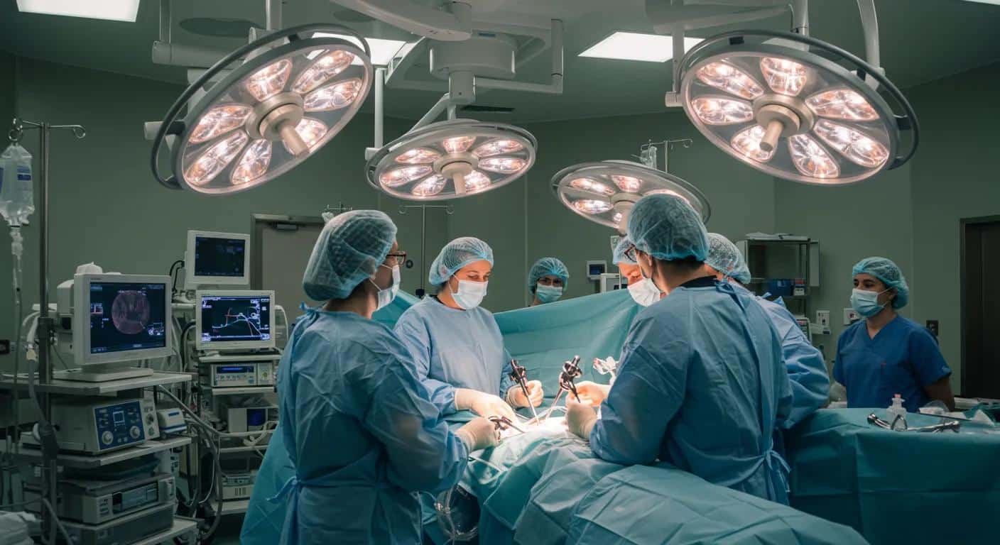 a modern surgical theater, brightly lit and sterile, showcases a laparoscopic surgery in progress, with advanced medical equipment and attentive medical staff focused on the minimally invasive procedure for treating endometriosis.