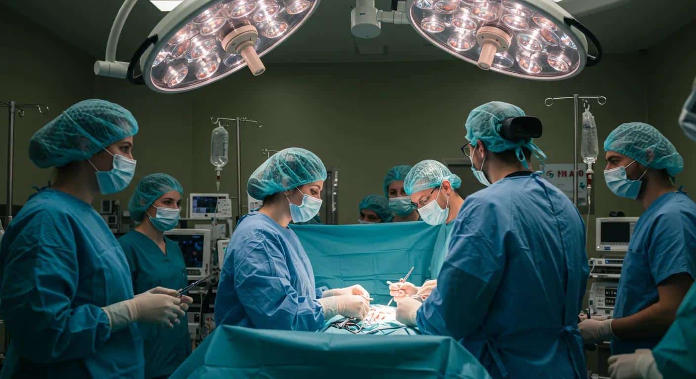 a focused view of a bustling surgical operating room, illuminated by bright overhead lights, with a surgical team clad in scrubs and masks preparing for a laparoscopic procedure to address endometriosis. - Rachael Haverland Site a focused view of a bustling surgical operating room, illuminated by bright overhead lights, with a surgical team clad in scrubs and masks preparing for a laparoscopic procedure to address endometriosis.