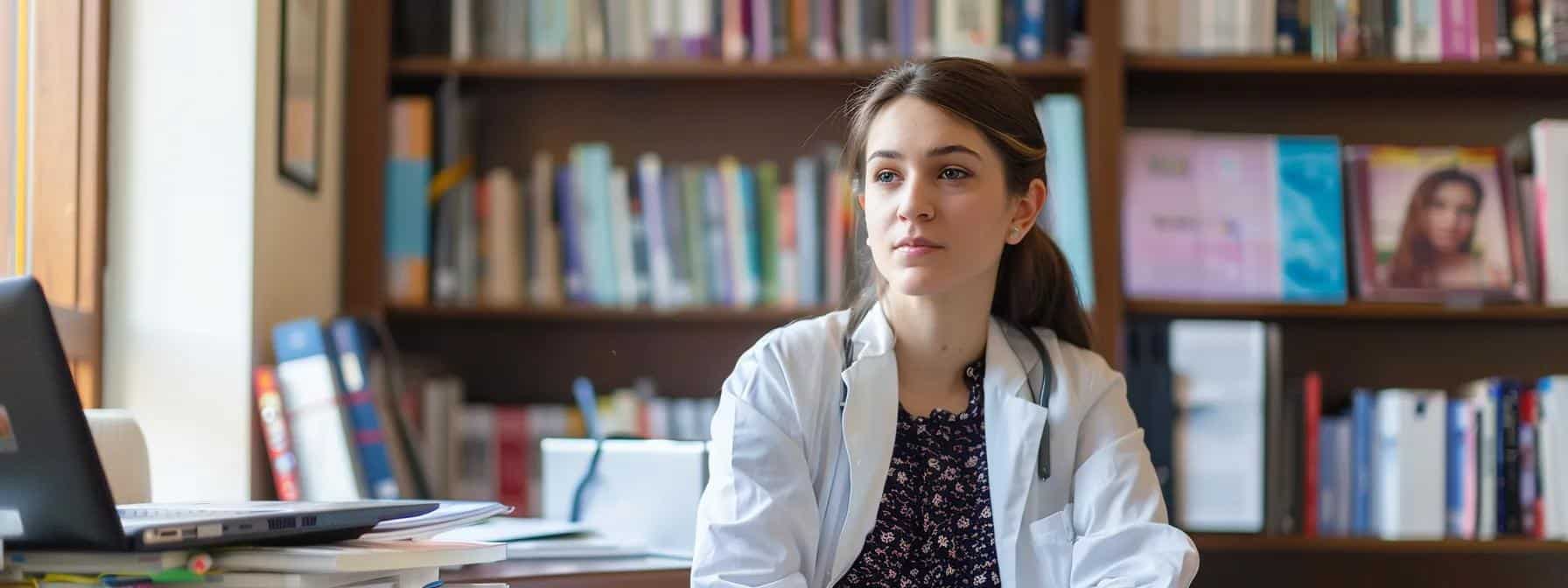 a focused and somber image of a woman sitting in a modern office setting, surrounded by medical textbooks and a laptop, visibly reflecting on her experiences with endometriosis while surrounded by a subtle yet stark atmosphere conveying both vulnerability and resilience. - Rachael Haverland Site a focused and somber image of a woman sitting in a modern office setting, surrounded by medical textbooks and a laptop, visibly reflecting on her experiences with endometriosis while surrounded by a subtle yet stark atmosphere conveying both vulnerability and resilience.