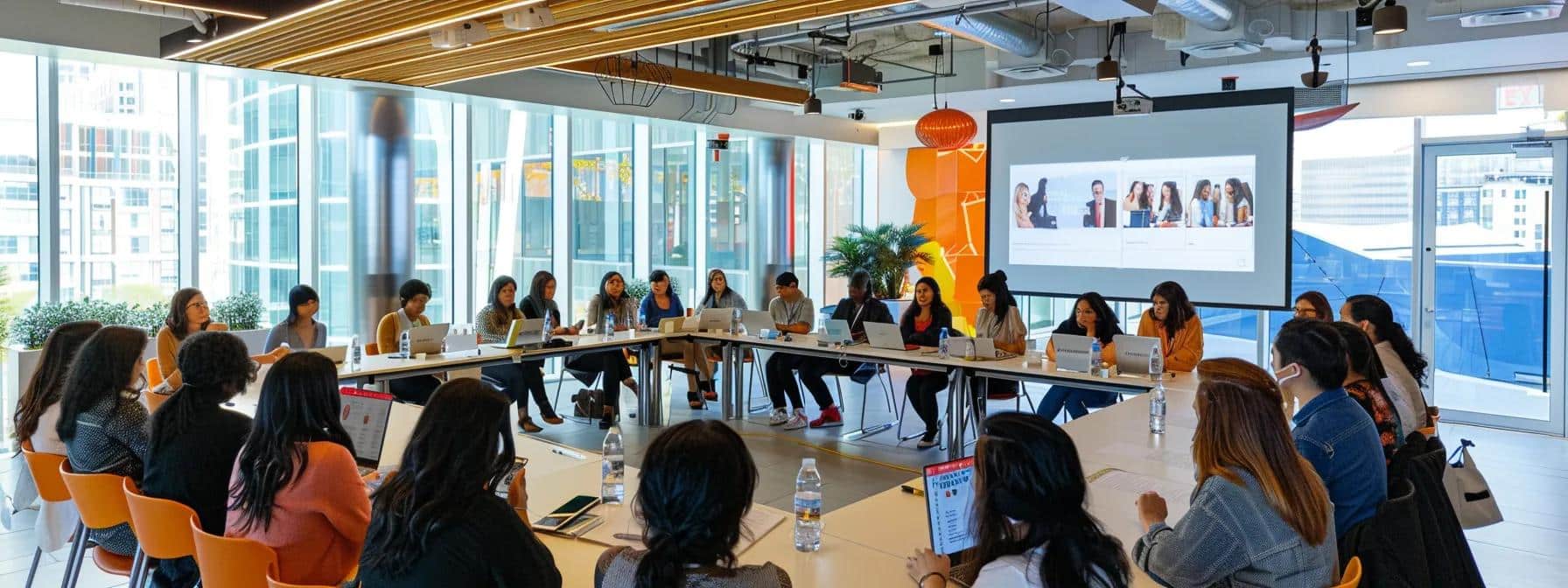 a modern, brightly lit conference room filled with diverse individuals engaged in an animated discussion, surrounded by visual aids highlighting treatment options and shared experiences in managing endometriosis. - Rachael Haverland Site a modern, brightly lit conference room filled with diverse individuals engaged in an animated discussion, surrounded by visual aids highlighting treatment options and shared experiences in managing endometriosis.