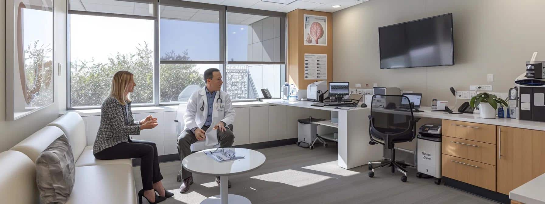 a modern medical office, featuring a sleek consultation room with a focused ambiance, showcases a doctor explaining treatment options for endometriosis to a patient, emphasizing clarity and professionalism in their discussion about hormonal therapies and surgical interventions. - Rachael Haverland Site a modern medical office, featuring a sleek consultation room with a focused ambiance, showcases a doctor explaining treatment options for endometriosis to a patient, emphasizing clarity and professionalism in their discussion about hormonal therapies and surgical interventions.