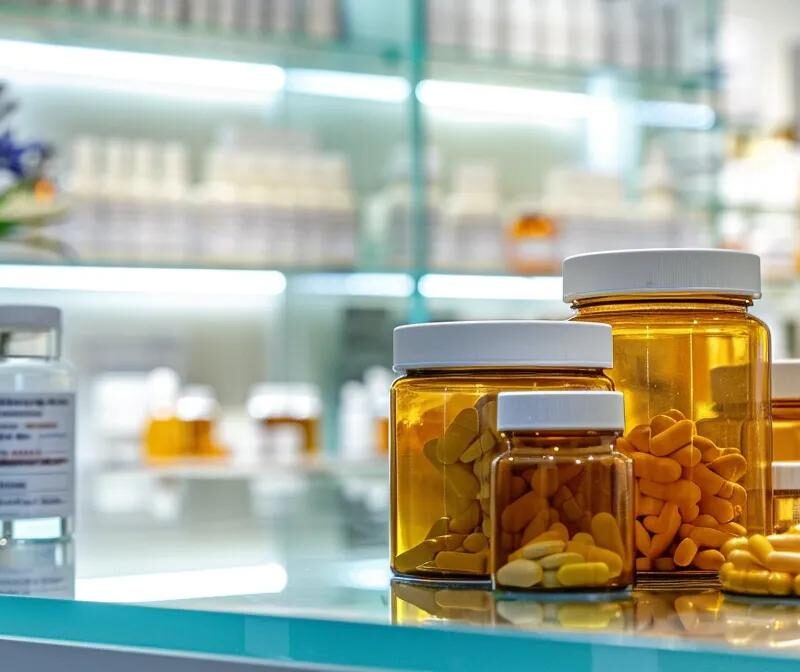 a modern medical office setting showcases contrasting displays of natural remedy jars and conventional medication bottles on a sleek, glass table, emphasizing the debate over endometriosis pain relief effectiveness under bright, clinical lighting.