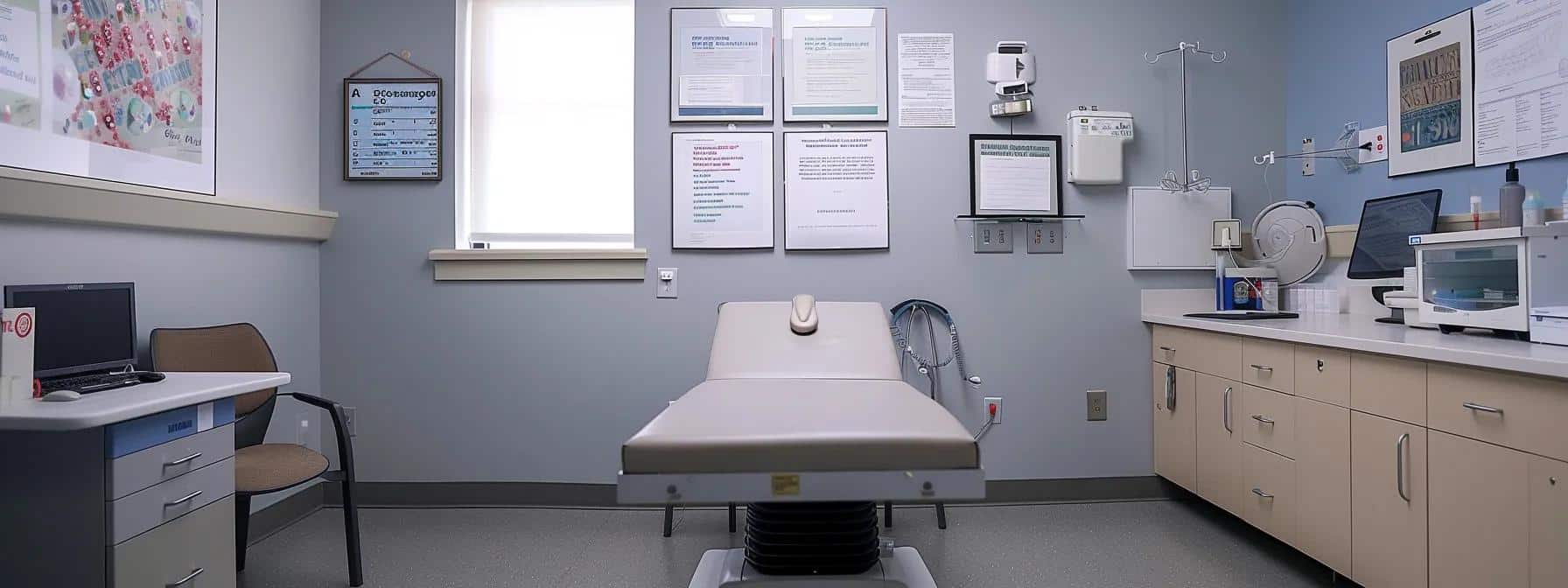 a clinical examination room featuring a modern medical chart on the wall, a sleek examination table adorned with a soft, neutral-colored cover, and educational posters highlighting menstrual health, creating a focused atmosphere that underscores the complexities of irregular periods related to endometriosis. - Rachael Haverland Site a clinical examination room featuring a modern medical chart on the wall, a sleek examination table adorned with a soft, neutral-colored cover, and educational posters highlighting menstrual health, creating a focused atmosphere that underscores the complexities of irregular periods related to endometriosis.