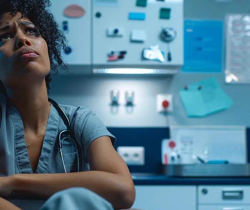 a dimly lit clinic room features a woman sitting on an exam table, her expression reflecting deep discomfort, with medical charts and a stethoscope strategically placed in the background to emphasize the seriousness of endometriosis pain symptoms.