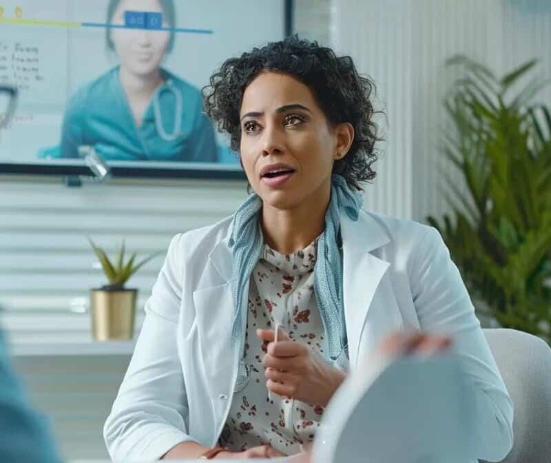 a focused office scene featuring a concerned patient sitting across from a compassionate healthcare professional, engaging in a detailed discussion about the timeline of endometriosis treatment results, with a medical chart displayed prominently in the background highlighting key information.